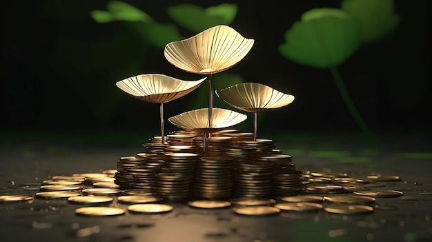 Representação 3D futurista de uma planta crescendo de uma pilha de moedas de ouro IA generativa