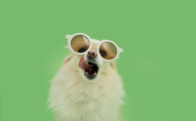 Foto retrato cachorrinho pomeranian verão lambendo os lábios com a língua isolado em fundo verde pastel