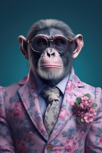 Retrato de chimpanzé vestido com roupas modernas usando óculos de sol em fundo azul