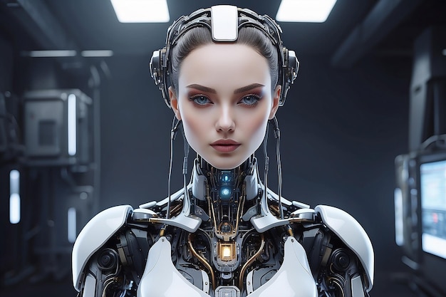 Retrato de robô feminino com inteligência artificial Mulher com elementos tecnológicos