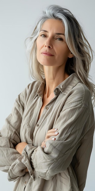 Foto retrato de uma bela mulher de meia-idade com cabelos grisalhos