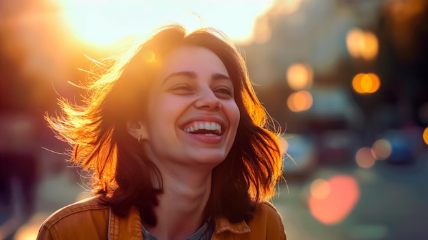 Foto retrato de uma bela mulher sorrindo na rua