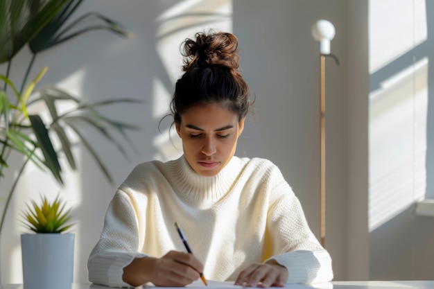 Foto retrato de uma jovem analista fiscal estudando um contrato impresso e fazendo anotações com uma caneta no documento luz solar brilhante da janela