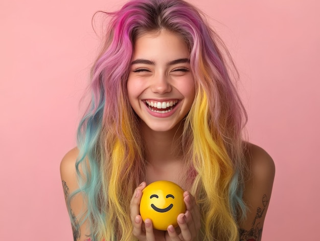 Retrato de uma jovem com cabelos vibrantes segurando um smiley