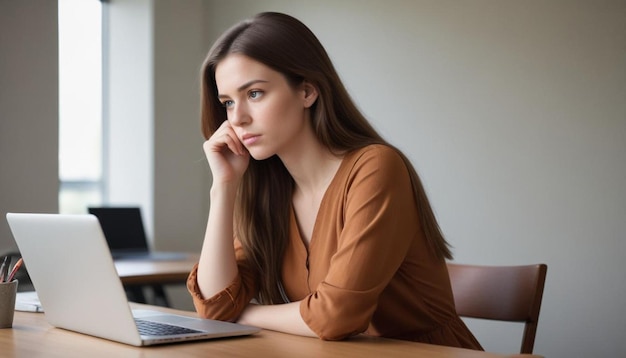 Foto retrato de uma jovem estressada enquanto trabalha em um laptop