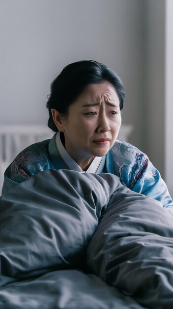 Foto retrato de uma mulher coreana chateada, uma garota asiática deitada na cama, triste, coberta com um edredom, olhando para fora.