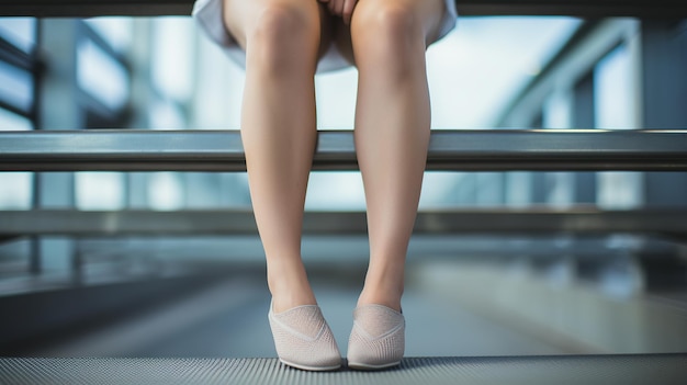 Foto retrato dos pés de uma bela mulher de negócios sentada usando sapatos mulher de negócios sentado em uma cadeira descansando as pernas