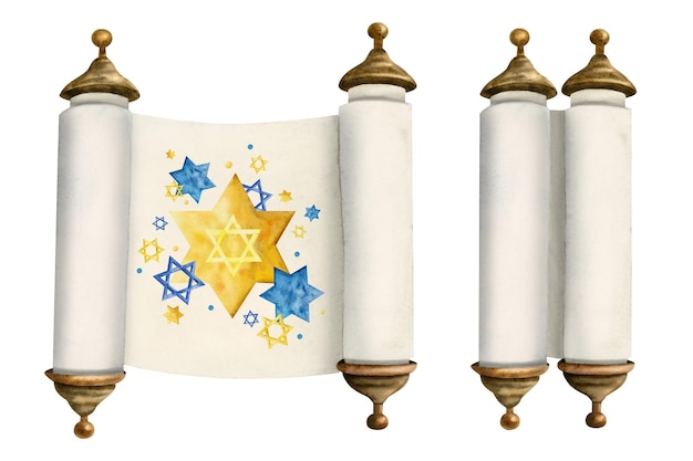 Foto rolos de torá abertos e fechados em aquarela, estrelas azuis amarelas de ilustração de david definidas para projetos judaicos