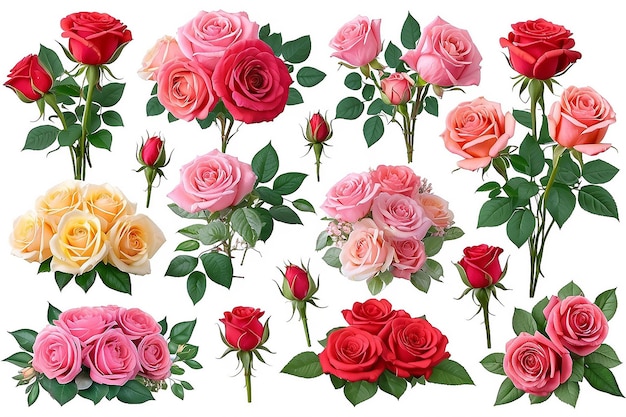 Foto rosenblumenarrangement und isolierter clipart-bundle