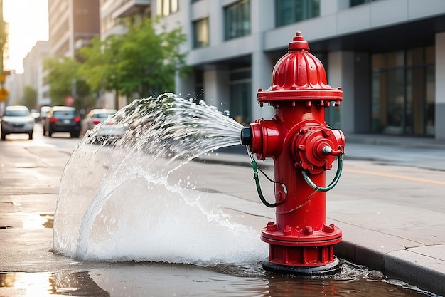 Foto roter feuerlöscher mit angeschlossenem schlauch spritzt im sommer wasser auf den bürgersteig der stadt