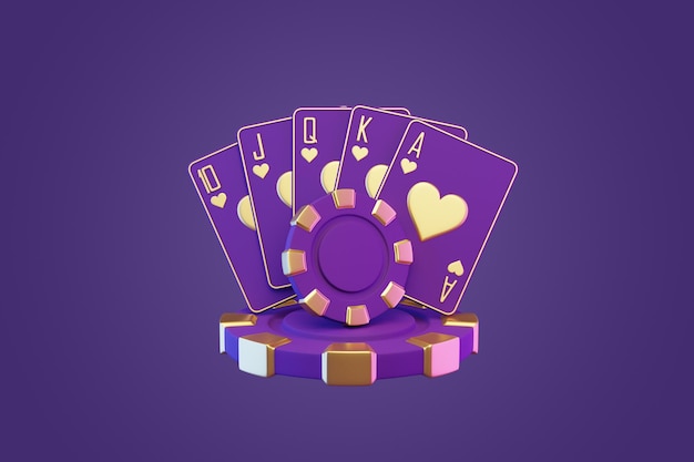 Royal Flush Hand com Purple Casino Chip Ilustração de renderização 3D