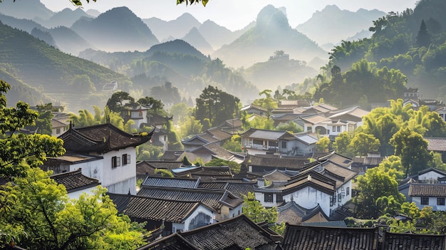 Ruhige Landschaft des Dorfes Chengkan im Bezirk Huizhou mit dem Berg H