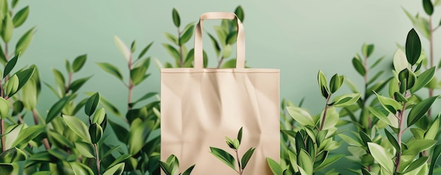 Foto saco de compras reutilizável bege ecológico cercado por plantas verdes vibrantes que promovem a sustentabilidade