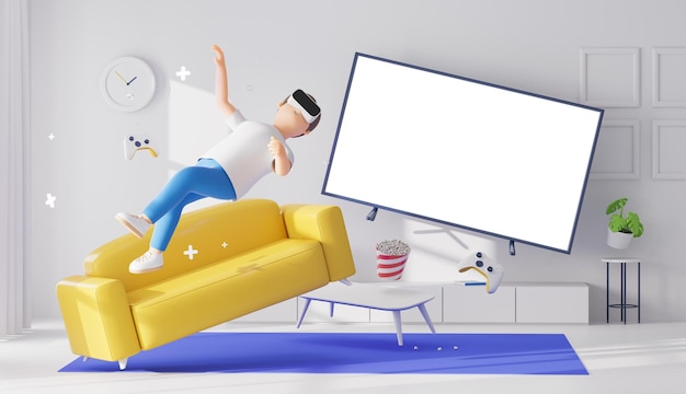 Foto sala de estar com sofá e tv de tela em branco personagem de desenho animado flutuando no ar usando óculos de realidade virtual conceito publicitário de jogo renderização 3d