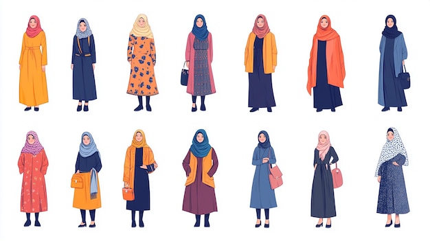 Foto sammlung muslimischer frauen in verschiedenen kleidungsstilen, hijab und farben