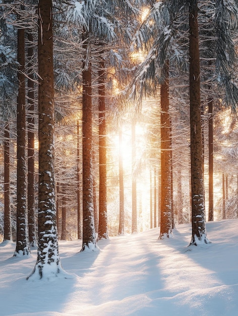 Foto schneebedeckter kiefernwald mit sonnenlichtfilter