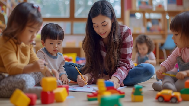 Foto schöne lehrerin und eine gruppe von kleinkindern sitzen auf dem boden und zeichnen mit papier und bleistift um viele spielzeuge im kindergarten