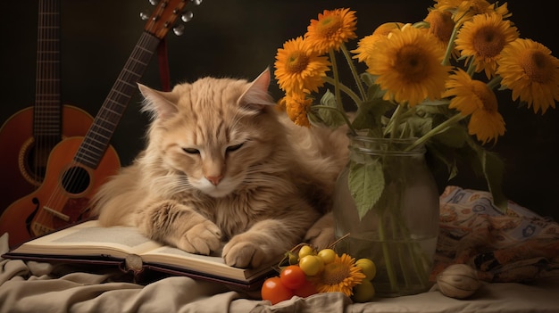 Schöne rote Katze liest ein Buch mit Gitarre und Sonnenblumen