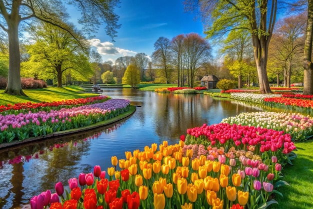 Foto schöner blick auf den tulpengarten keukenhof in lisse niederlande keukenhof ist der schönste frühlingsgarten der welt schöne ziergartenlandschaft in lisse