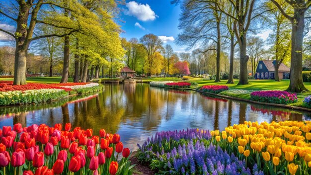 Foto schöner blick auf den tulpengarten keukenhof in lisse niederlande keukenhof ist der schönste frühlingsgarten der welt schöne ziergartenlandschaft in lisse