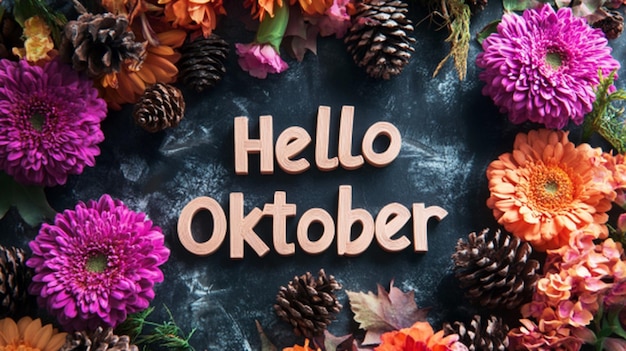 Foto schöner hintergrund im wort hello oktober mit kiefernkegel und schönen blumen