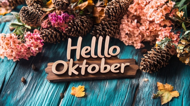 Foto schöner hintergrund im wort hello oktober mit kiefernkegel und schönen blumen