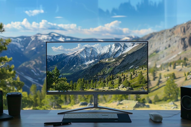 Foto schönes büro-monitorstand mit ruhigem bergblick