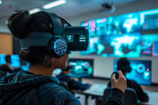 Foto schüler benutzen vr-headsets im hightech-klassenzimmer