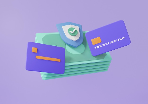 Schutzschild-Symbol für Geldscheine, das auf violettem pastellfarbenem Hintergrund schwimmt, mit Sicherheits-Debit-Kreditkarten-Banking-Finanztransaktion Zahlung online 3D-Render-Illustration