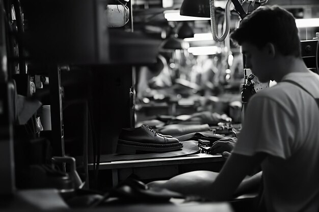 Foto schwarz-weiß-vintage-foto von jungen männern, die in einer fabrik für lederschuhe arbeiten