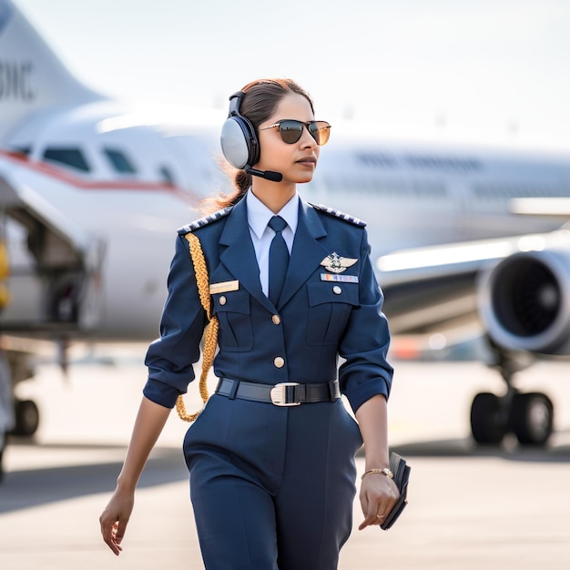 Foto selbstbewusste weibliche pilotin steht auf dem hintergrund des flughafens