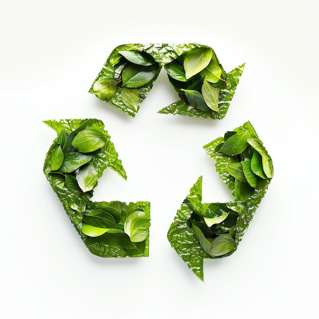 Foto símbolo de reciclagem feito de folhas verdes isoladas sobre fundo branco