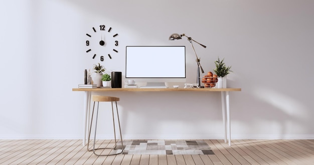 Simule a tela do computador em branco da mesa de escritório na renderização em 3d da sala moderna do escritório