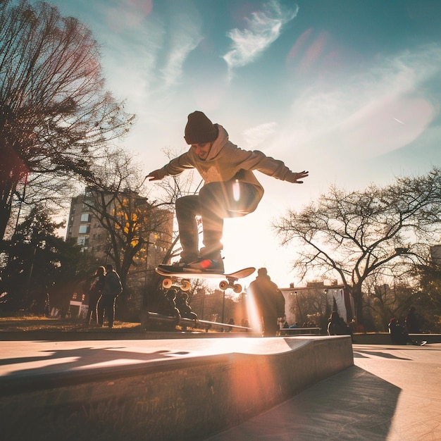 Foto skateboarder meistert einen trick unter der hellen sonne