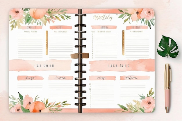 Foto soft pink peach pastel aquarela floral bohemian semanário planner template