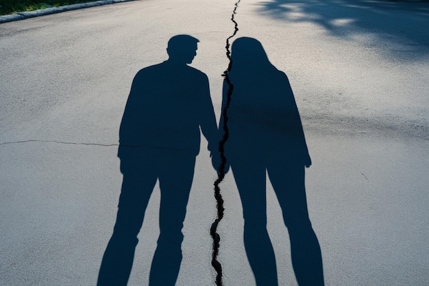 Foto sombras de um casal dividido por uma rachadura na calçada