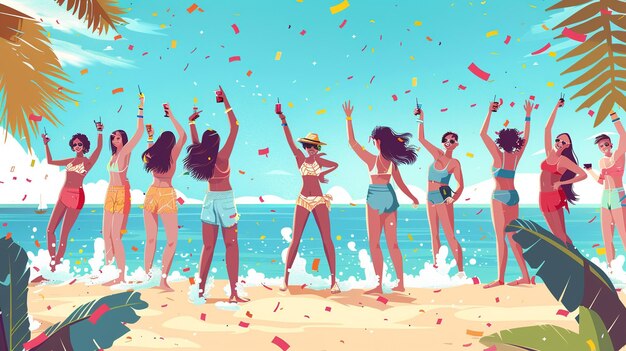 Foto sommer-illustration von jungen leuten, die am strand feiern, mit dem konzept eines sommerfestivals geeigneter banner-flyer-poster-hintergrund