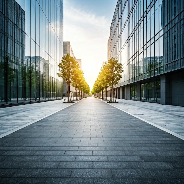 Foto sonnenbeleuchtete städtische szene stadtstraße mit einem gebäude, das in warmer sonne gebadet wird