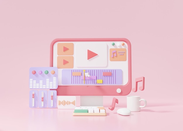 Foto sound- und videoclip-editor-timeline-fensterschnittstellen-softwareanwendung auf dem computermonitor cartoon minimal style pink background motion vlog design 3d-rendering-illustration