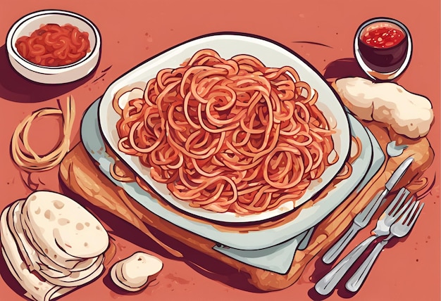 Foto spaghetti mit reichhaltiger, salziger tomatensauce, klassischer italienischer cartoon, abstrakte kunst, ai-generiert