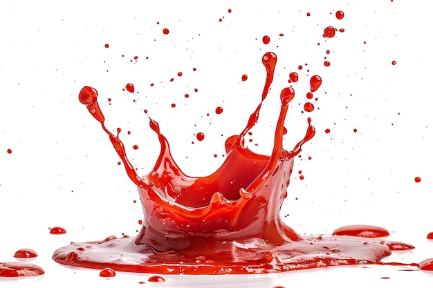 Splash de ketchup de tomate em superfície branca cortada com detalhes de gotejamento