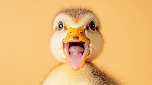 Foto stockfoto eines süßen überraschten babyhühners auf einem gelben hintergrund