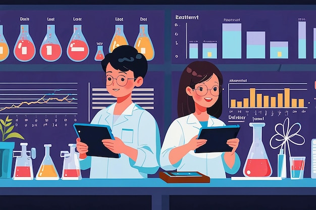 Foto studenten verwenden digitale tablets für die datenanalyse und die vektorillustration