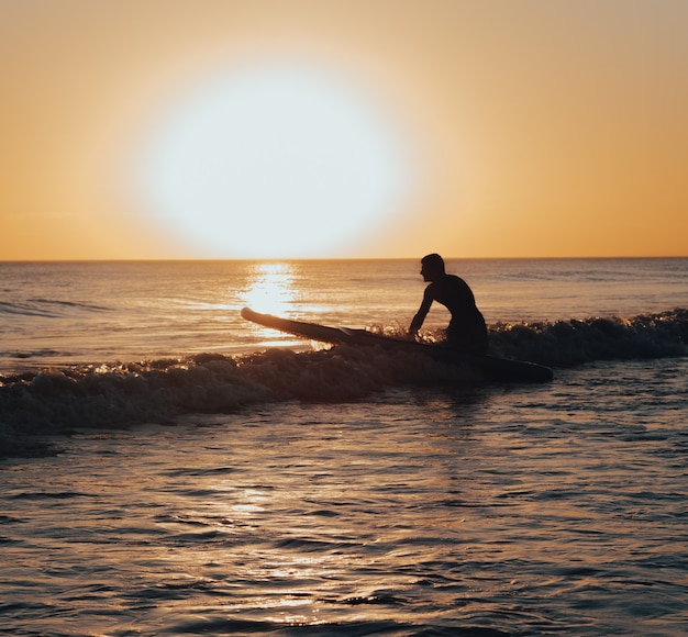 Surfista se preparando para surfar no mar ao pôr do sol