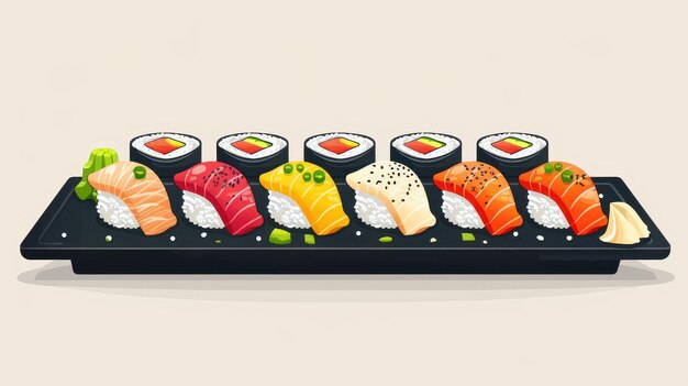 Foto sushi-teller mit bunten nigiri und maki