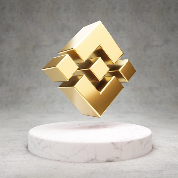 Symbol für Binance-Kryptowährung. Gold 3d übertrug Binance-Symbol auf weißem Marmorpodest.