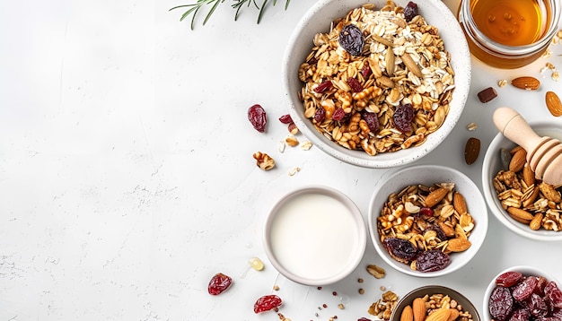 Foto taça de muesli e ingredientes para um pequeno-almoço saudável granola nozes frutas secas flocos mel e iogurte grego em espaço de cópia de mesa branca