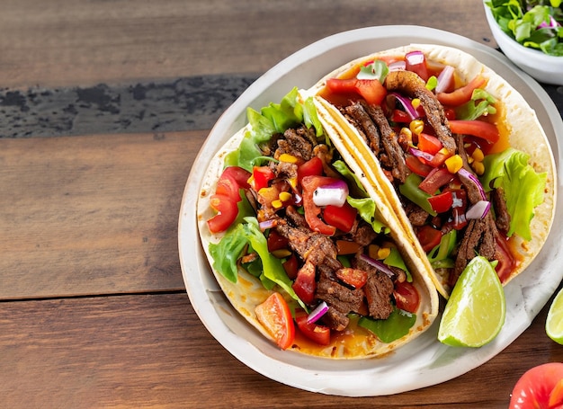 Tacos mexicanos com carne de vaca em tomate e salada em mesa de madeira