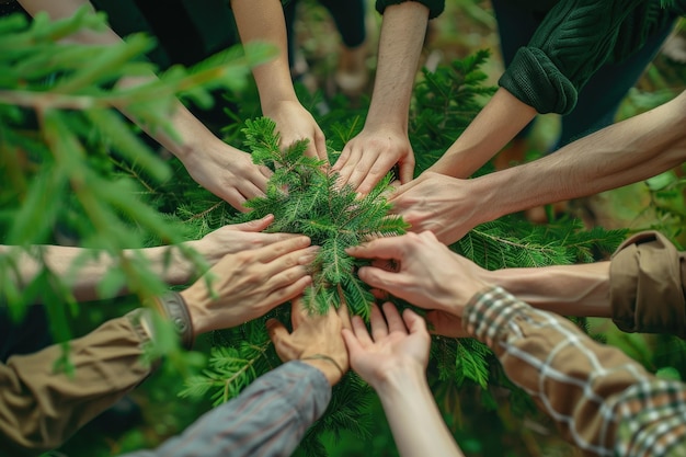 Foto team holding plants für ein umweltfreundliches geschäftskonzept