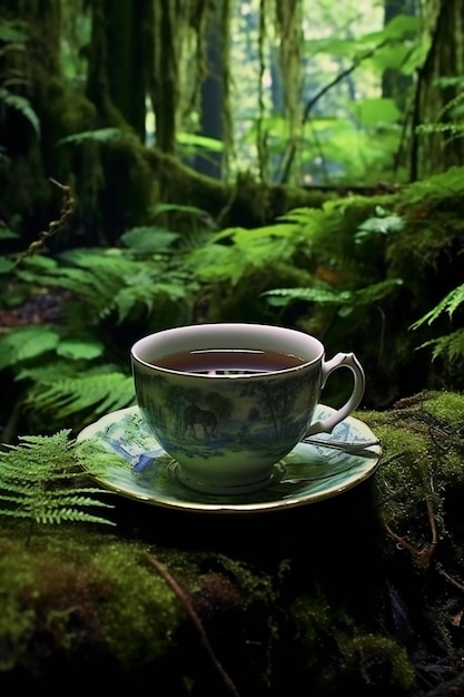 Teetasse im Wald mit Moos und Farnen